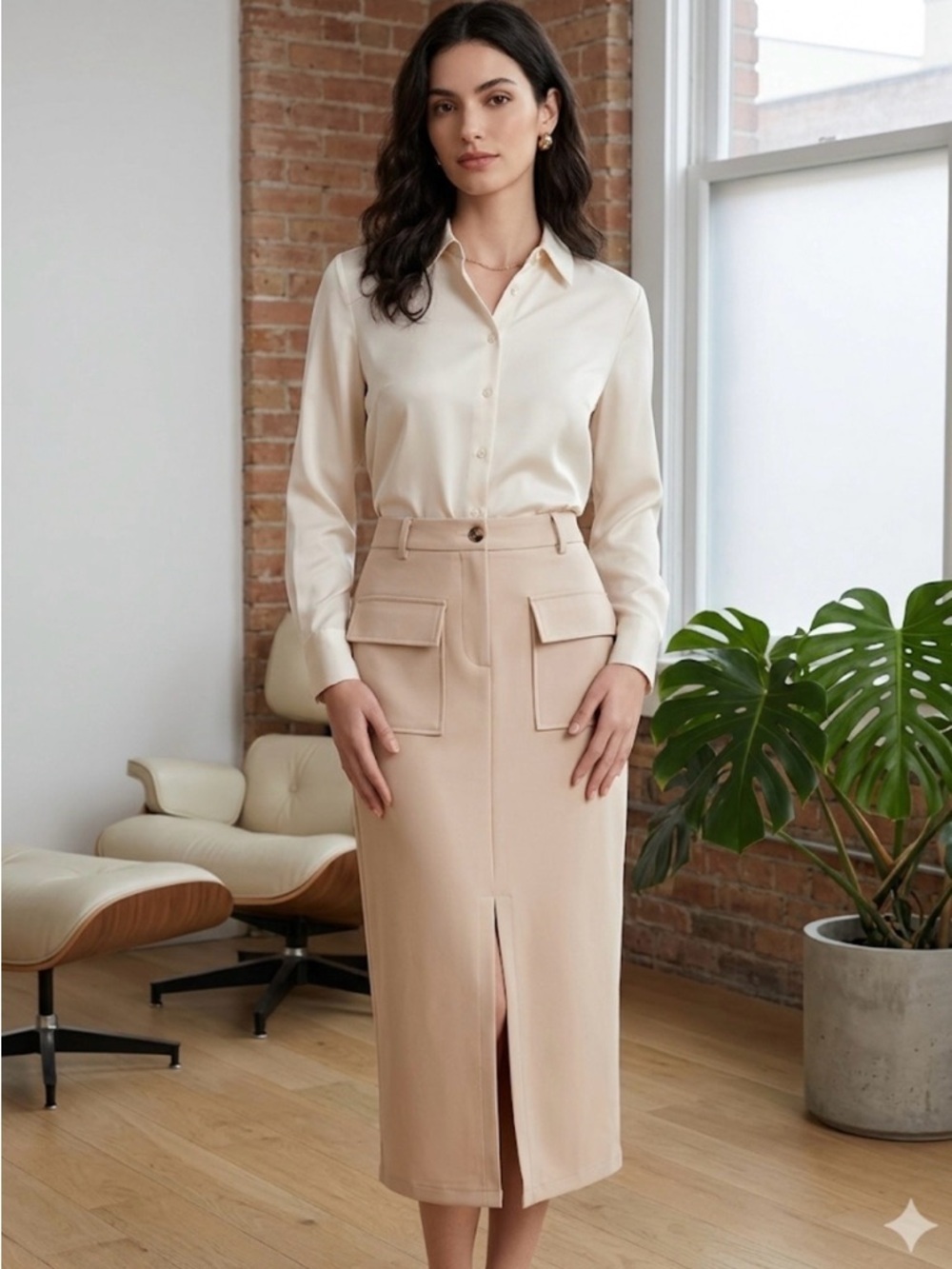 High-Rise Tan  midi Skirt with Front Slit and Patch Pockets size M